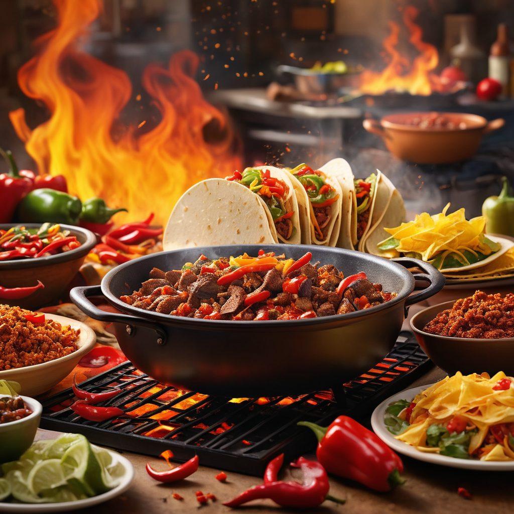 A vibrant, sizzling kitchen scene with a variety of colorful spices and fiery dishes being prepared, including a bubbling pot of chili, spicy tacos, and a blazing hot grill, with flames dancing and peppers scattered around. Bold chef silhouettes and heat waves. super-realistic. vibrant colors. dynamic lighting.
