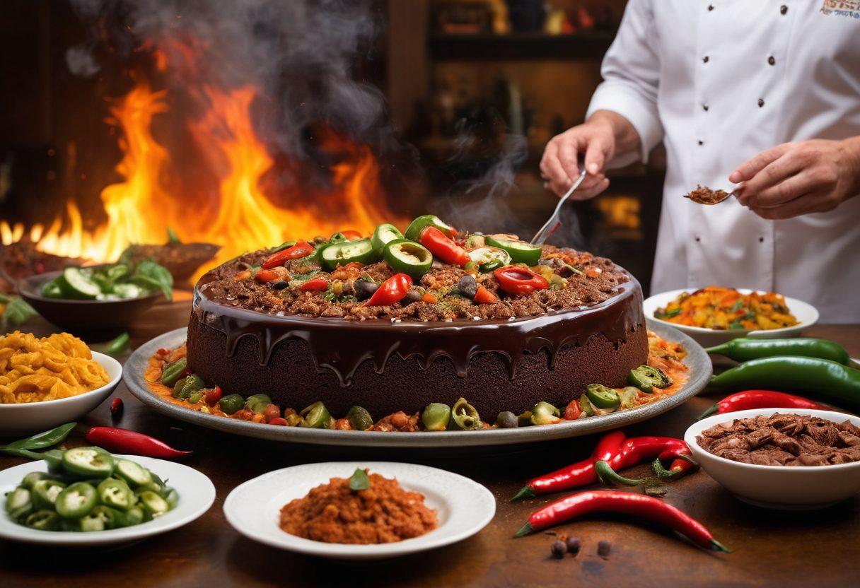 A lavish dining table adorned with an array of spicy dishes, from sizzling jalapeño appetizers to a decadent chili-infused chocolate cake. Visualize the intensity of flavors with vibrant colors and steaming hot plates. Include a chef in the background enthusiastically adding spices. Capture the fiery essence and mouthwatering appeal of the cuisine. super-realistic. vibrant colors. dramatic lighting.