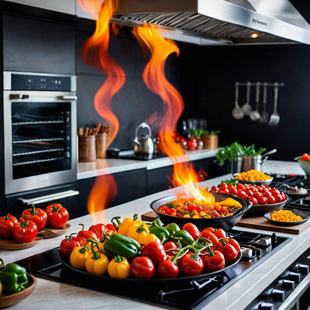A vibrant, sizzling kitchen scene with colorful fresh ingredients like peppers, tomatoes, and spices. A chef passionately cooking bold and zesty dishes with steam and flames rising. Dishes from breakfast to dinner presented in a flavorful, inviting way. super-realistic. vibrant colors. clean, modern kitchen setting.